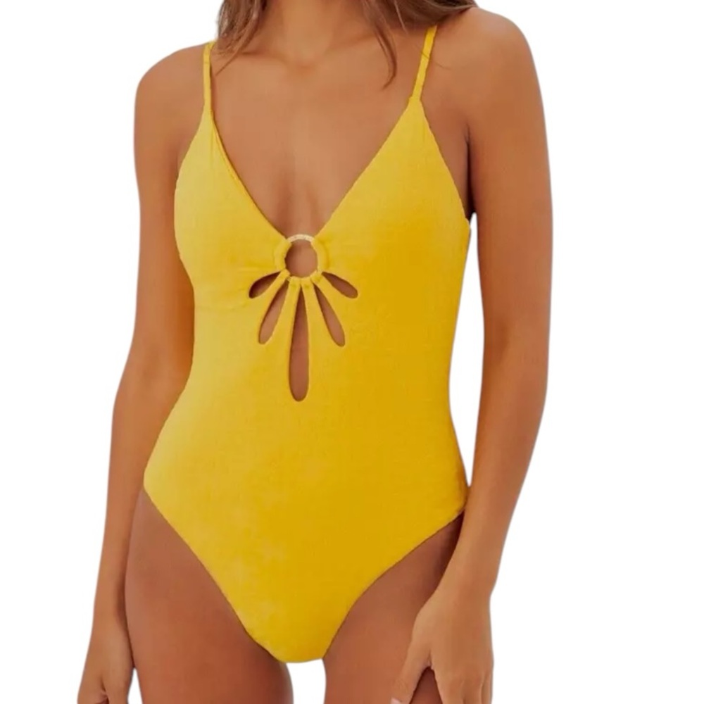 TRINA TURK yellow Joplin Jacquard Cutout Plunge One-Piece Swimsuit plus Size 14 - Picture 3 of 16